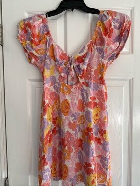SO Floral Tie-Front Mini Dress — Pink, Orange, Yellow, Purple